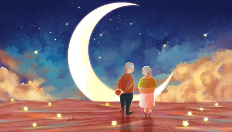 月亮星空下步行的老年夫妻背影温馨梦幻手绘插画