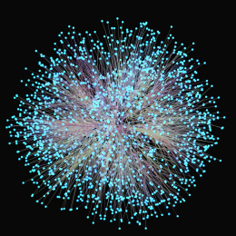 发散的蓝色发光小球与线条，三维渲染