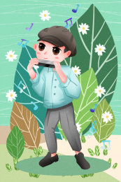 男孩在郊区植物丛中吹口琴 可爱风格国际音乐日插画