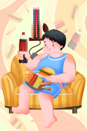 肥胖男孩在家坐在沙发上吃垃圾食物插画
