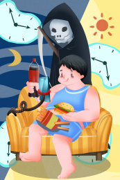  肥胖男孩宅在家吃垃圾食品熬夜看手机的亚健康生活插画