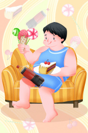 肥胖男孩在家坐在沙发上吃甜食插画