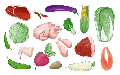 多种肉类和蔬菜的大合集 手绘插画元素