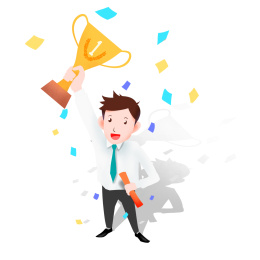 手绘小人高举奖杯胜利插画