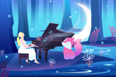 渐变插画-在森林里演奏的女孩