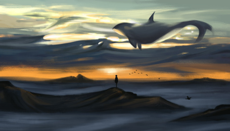 傍晚火烧云的天空有条鲸鱼 超现实主义原画 数码绘画