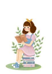 一个小女孩手中握着课本坐在书堆上