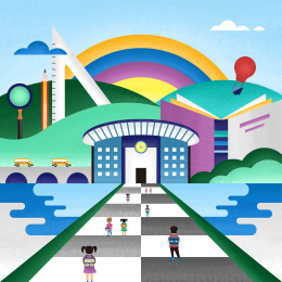 早上学生们背着书包去学校上学  背景是学校书本校车彩虹和天空