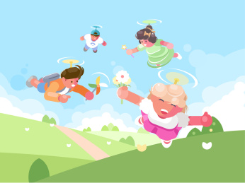 四个儿童乘坐竹蜻蜓在草团上飞翔