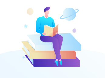 男孩快乐的阅读探索未知知识获得阅读乐趣，矢量扁平潮流概念插画