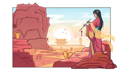 大漠中古代女子站在石头上吹笛手绘插画