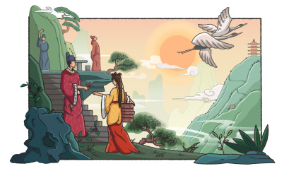 古代男子和女子在登山手绘插画