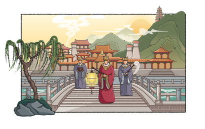 皇宫里宦官打着灯笼在桥上走手绘插画