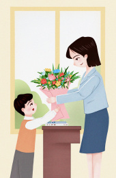 学生向老师献花感谢师恩教师节手绘插画