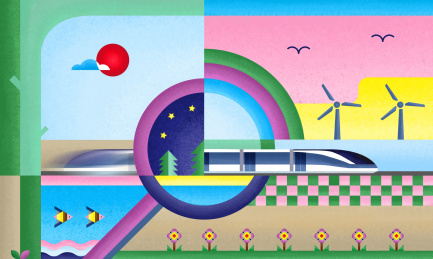 一列行驶中的高铁穿过夜晚的森林 背景是自然风光和节能环保的风车