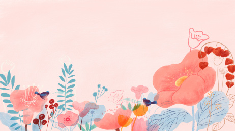 室外花丛中粉色底图鲜花插画