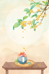 中秋古风水墨桂花枝酒壶桌案古典背景节气节日