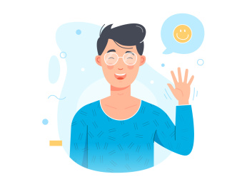 穿蓝色衣服戴眼镜的男人微笑招手