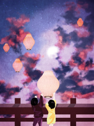 两个站在围栏边向月夜天空放天灯的孩子