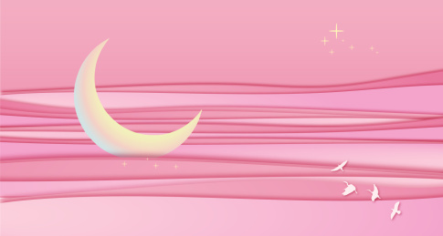 一只月亮小船静静地躺在粉色海洋的波浪里，浪漫情人节插画粉色背景