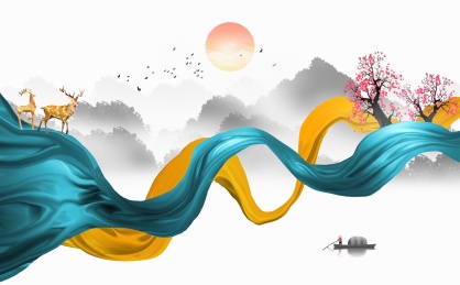新中式现代轻奢飘带山水画抽象金色麋鹿装饰画