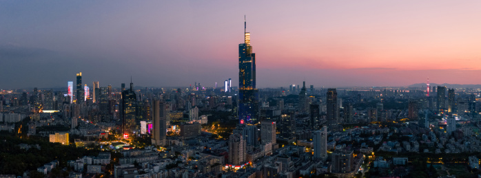 航拍南京城市地标建筑紫峰大厦与城市天际线