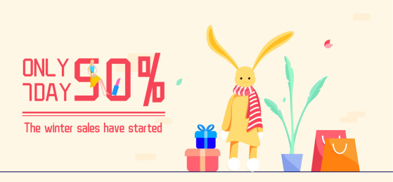扁平风坐在礼物盒子和购物袋旁边的黄色兔子 矢量打折促销海报背景