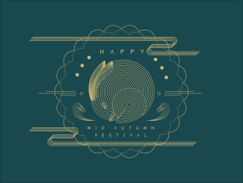 中秋节线绘绿底金线玉兔形象节日图案