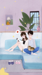 沙发上与宠物互动的情侣扁平插画