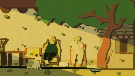 两个老人坐在树下小憩插画