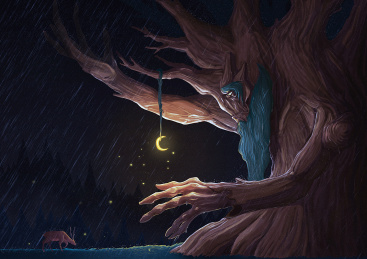 大雨中的鹿和树人