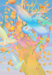 开满成熟柿子的树前大雁鸿雁飞过天空的霜降节气精美色彩渐变花纹花样组成的插画图素材设计