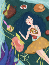 女孩抱着花束带着狐狸躺在树叶上载舟去远方旅行