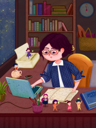 女老师深夜在书房办公室批改学生的作业