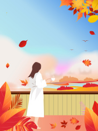 秋日里午后一位穿着睡袍的少女站在阳台上一边喝着咖啡一边欣赏远处的美景