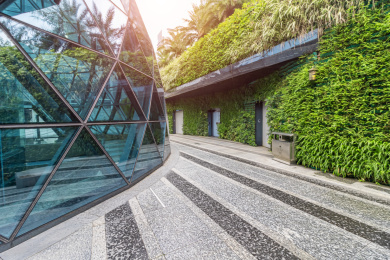 科技园区建筑外立面和户外空白无人的砖地