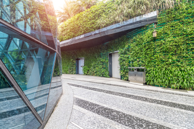 科技园区建筑外立面和户外空白无人的砖地