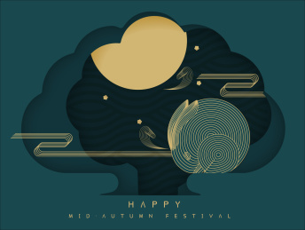 大树剪影和金色线条组成中秋节圆月兔子海报素材