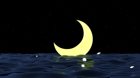 黑夜中海面上波浪飘动的星星月亮