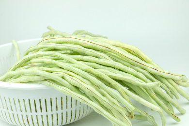 洗菜篮里的新鲜绿色蔬菜豇豆