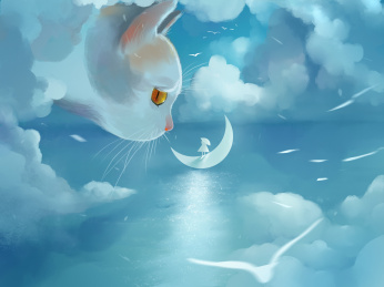 小女孩在湖面上乘着月亮看到了云海猫咪