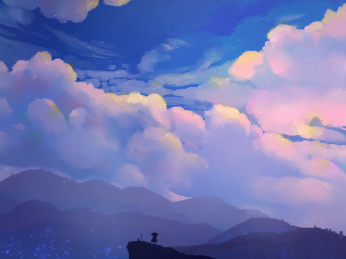 一个人在山顶静看天空中的彩色云朵变幻