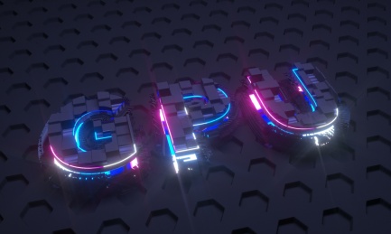  黑色六边形蜂巢背景中的GPU科幻立体字