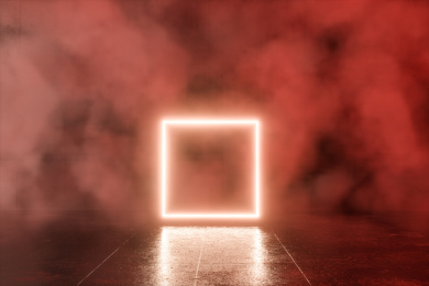 浓雾房间内的发光线条，三维渲染