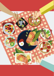 三个人在露营吃一桌美食矢量插画