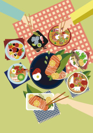 三个人在露营吃一桌美食矢量插画