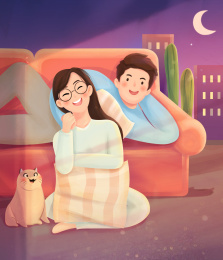 一对情侣坐在沙发上看着前方笑