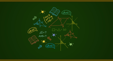 在黑板背景中心位置，一些卡通几何数学元素