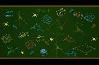 黑板背景上涂满了卡通几何数学元素