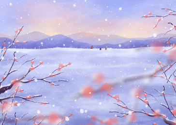 小寒节气冬天梅花后雪地上玩耍的孩子清新插画横版